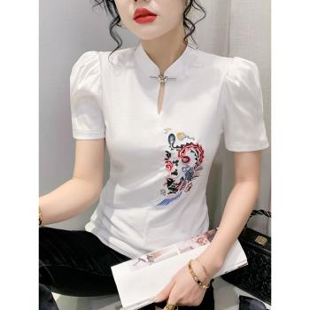 中國風立領刺繡T恤女短袖夏裝歐洲站洋氣泡泡袖上衣修身顯瘦小衫