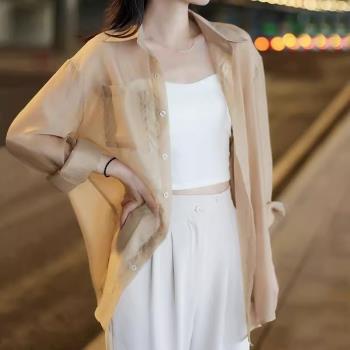 潮牌天絲防曬衣女外套夏季薄款2023新款外搭襯衫上衣透氣長袖襯衣