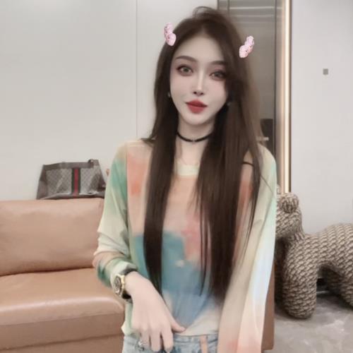 夏日多巴胺穿搭疊穿罩衫扎染網紗長袖T恤薄款夏季打底衫防曬上衣