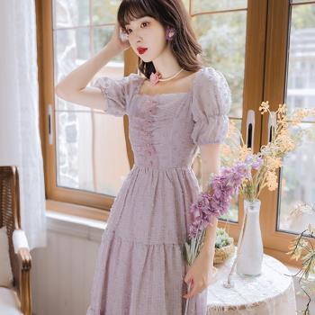 鳳鸞坊法式泡泡袖過膝裙子夏裝2021新款女氣質超仙森系甜美連衣裙