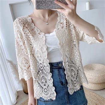 短款刺繡鏤空七分袖女裝外披開衫