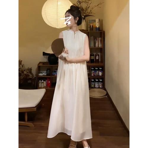 外貿出口新中式國風白色無袖連衣裙子女夏季2025新款休閑氣質長裙