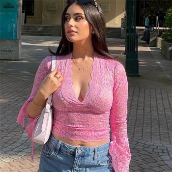 歐美性感修身V領蕾絲衫上衣 Sexy Bodycon Lace Top Blouse Women