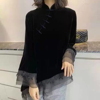 歐洲站歐根紗拼金絲絨旗袍上衣女立領高階復古盤扣中式女裝襯衫秋