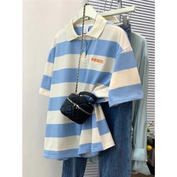 胖mm大碼女裝條紋polo領刺繡短袖t恤女2024夏季新款顯瘦遮肚上衣
