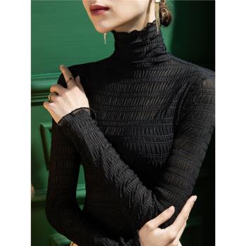 2024春夏新款高領蕾絲打底衫女木耳邊洋氣泡泡女裝韓式T恤上衣