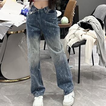 復古燙鉆高腰牛仔褲女2024年秋季新款寬松顯瘦直筒水鉆拖地褲子潮