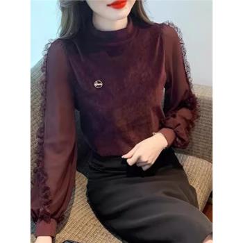 蕾絲打底衫女春秋新款高階感輕奢氣質百搭時尚洋氣時髦金絲絨上衣