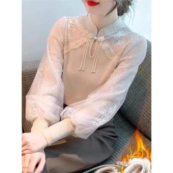 國風新中式盤扣襯衫女內搭春秋歐貨小衫高檔洋氣蕾絲針織打底上衣