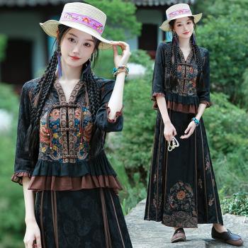 新中式改良漢服女裝重工刺繡V領開衫撞色國潮中國風上衣三件套