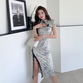 夏裝法式連衣裙2022新款女技師工作服修身蕾絲開叉性感改良旗袍裙