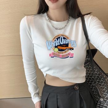 設計感小眾短款修身t恤女長袖秋季小個子純棉內搭上衣打底衫彈力