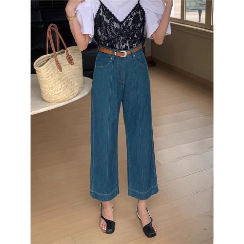 春季深藍色九分直筒牛仔褲女小個子高腰寬松顯瘦休閑闊腿奶奶褲子