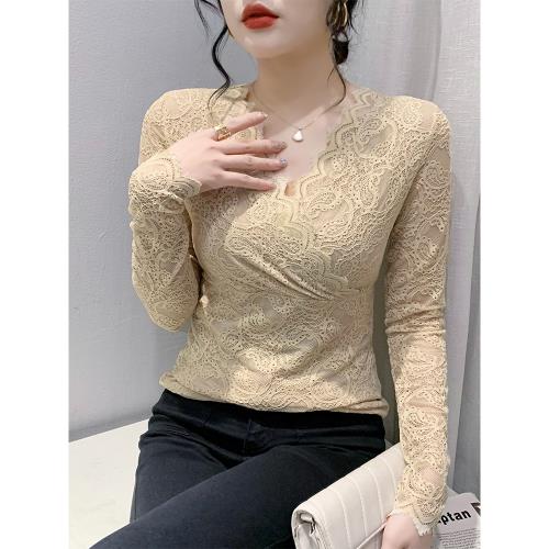 性感鏤空V領蕾絲衫女春秋歐貨時尚洋氣上衣修身顯瘦打底衫女長袖