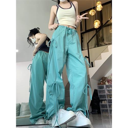 設計感蝴蝶結綁帶工裝褲女夏季薄荷曼波褲子高腰顯瘦休閑闊腿褲子