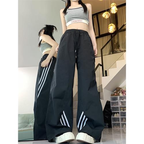 美式高街三條杠闊腿工裝褲女春夏薄款街頭嘻哈寬松拖地休閑運動褲