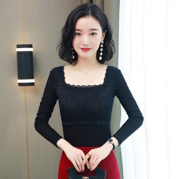加絨,薄】莫代爾長袖打底衫女內搭百搭修身蕾絲工裝外穿保暖上衣