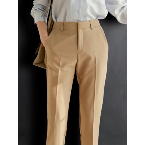 卡其色褲子女春季縫線通勤職業西裝褲直筒高腰顯瘦休閑煙管褲口袋