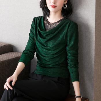 網紗打底衫女長袖2022新款秋冬內搭時尚洋氣大碼加絨蕾絲上衣小衫