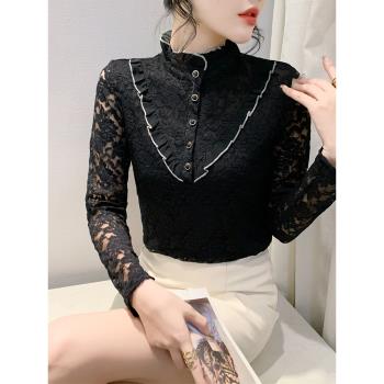 黑色半高領修身蕾絲衫女秋冬長袖修身氣質加絨加厚內搭打底衫上衣