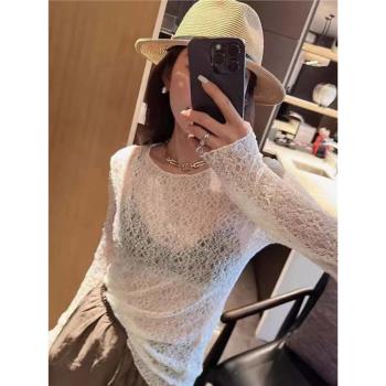鑲鉆鏤空防嗮長袖T恤女2024新款夏季歐洲站修身洋氣薄款蕾絲上衣