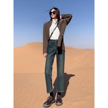 水泥灰高腰窄版直筒牛仔褲女2024新款春秋季復古顯瘦小個子煙管褲