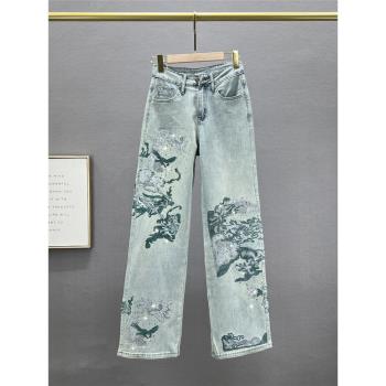 民族風刺繡燙鉆牛仔闊腿褲女潮2024年新款春裝高腰寬松顯瘦加長褲