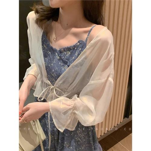 短款雪紡開衫2024防曬衣新搭配裙子吊帶披肩薄夏季系帶小個子外套