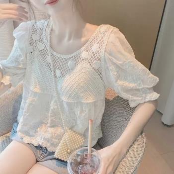 歐洲站輕熟風雪紡小衫鎖骨上衣女減齡百搭法式甜美蕾絲短袖t恤ins