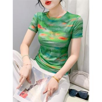 歐洲站夏裝冰絲網紗印花T恤女短袖洋氣時髦減齡小衫修身半袖上衣