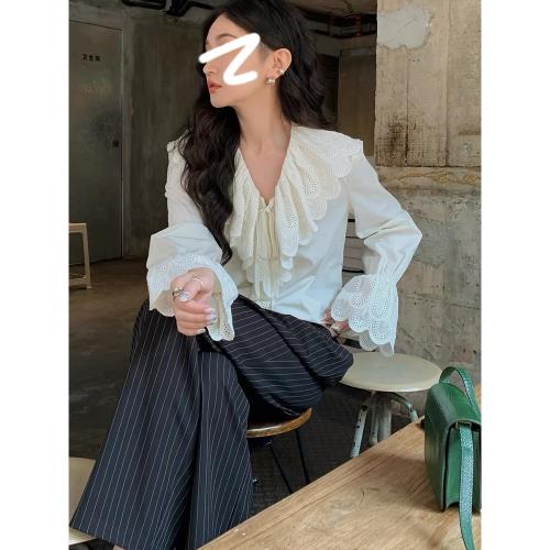 任小藝法式復古荷葉邊v領襯衫女薄款設計感純棉新款氣質上衣女潮