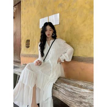 任小藝白色防曬褶皺襯衫女設計感小眾薄款空調衫法式獨特別致上衣