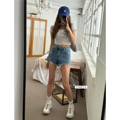 2024年春季新款韓國東大門直郵 labor束腰式高腰牛仔短褲