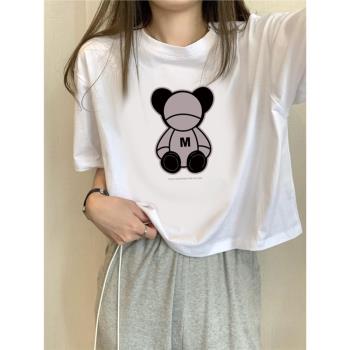 白色小個子高腰高階感短袖t恤女網紅夏季短款大碼寬松印花ins上衣