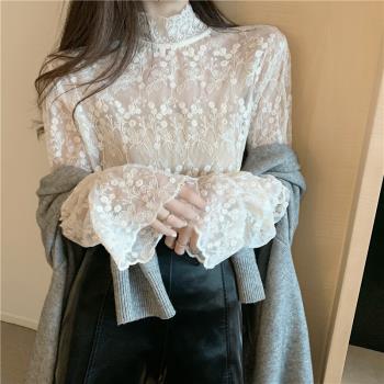 2020秋冬款網紗蕾絲鏤空刺繡打底衫女洋氣公主風網紗內搭長袖上衣