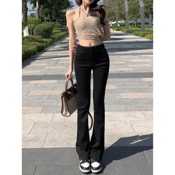 高腰彈力黑色微喇叭牛仔褲女2024年夏季薄款顯瘦小個子垂感馬蹄褲