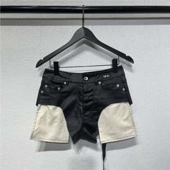 2022夏季暗黑R蠟塗層三角裁邊白口袋女士性感休閑緊身牛仔短褲