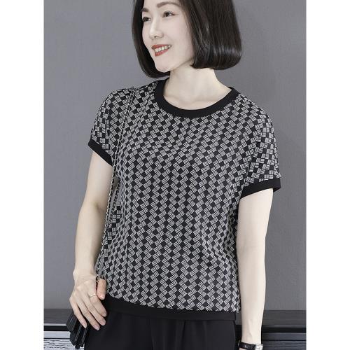 夏季新款媽媽雪紡短袖上衣圓領寬松大碼拼色蝙蝠袖半袖t恤女洋氣