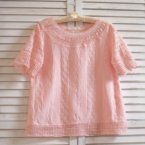 韓國蕾絲鏤空短袖上衣18新粉色白色衫刺繡花邊衣文藝小清新仙女T
