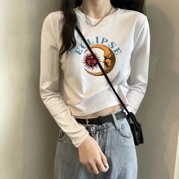 長袖純棉正肩t恤女早春2024年新款美式復古白色短款露臍修身上衣