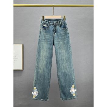 中式牛仔闊腿褲女潮2024年春裝新款高腰寬松顯瘦國風刺繡拖地長褲