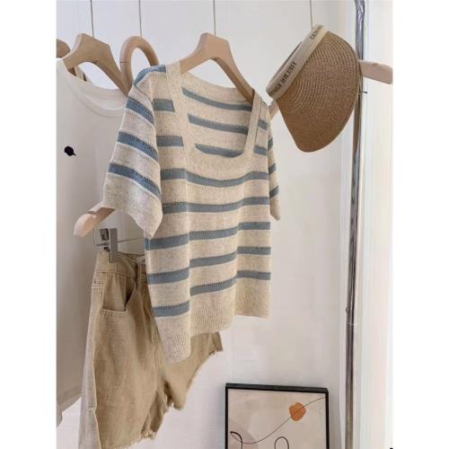 外貿出口尾單女裝剪標清倉時尚藍色條紋正肩方領冰絲短袖t恤上衣