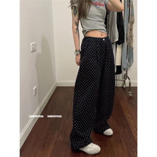 CHICYAN新款韓系復古洋氣寬松顯瘦高腰波點闊腿褲子松緊腰直筒褲