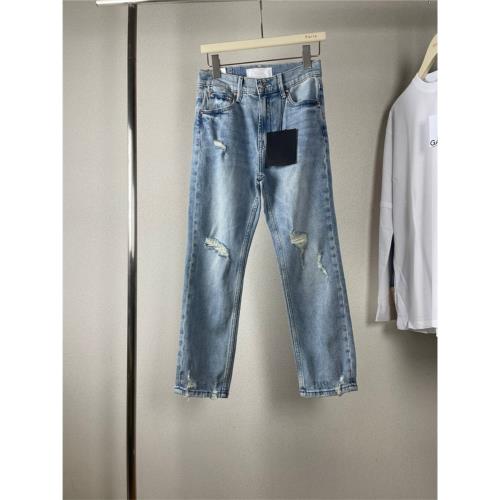 破洞牛仔褲女淺藍春秋美式MO設計感高腰寬松九分錐形直筒褲小個子