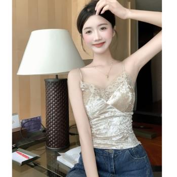 復古百搭絲絨吊帶背心蕾絲拼接純欲性感無袖打底衣女新款內搭潮
