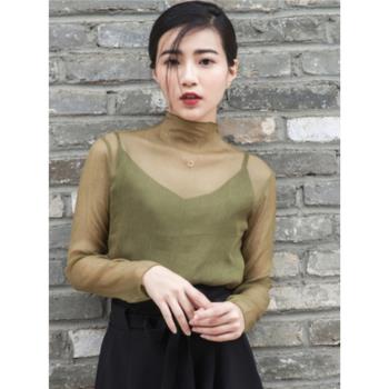 春夏薄紗性感防曬衣雪紡罩衫長袖打底衫兩件套半透視上衣女