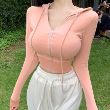 網紅女裝秋季緊身顯胸性感拉鏈高腰短款連帽衛衣小個子時尚小外套