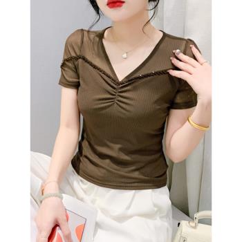 性感透視V領T恤女短袖夏裝歐貨別致釘珠上衣氣質修身冰絲網紗小衫