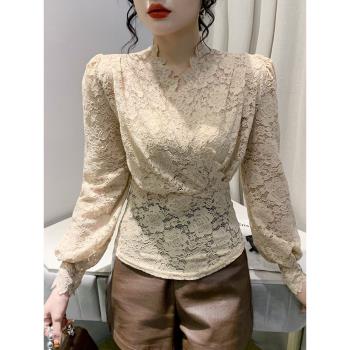 性感鏤空V領蕾絲衫女秋冬歐貨時尚泡泡袖上衣氣質百搭打底衫長袖