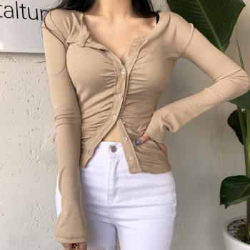 辣妹性感裝螺紋紐扣開衫長袖T恤女秋冬緊身彈力打底衫舒適上衣潮